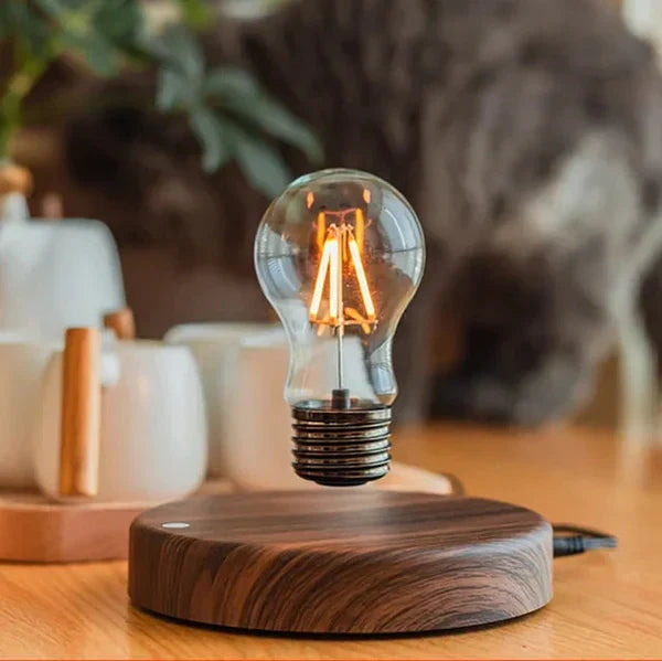 Levitating light bulb with elegant walnut wood base, a modern magnetic floating lamp for unique home decor.