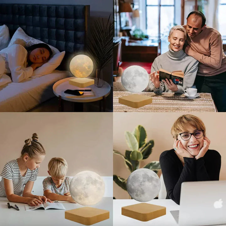 Futuristic levitating moon lamp on a wooden base, a magical floating night light for modern home decor.