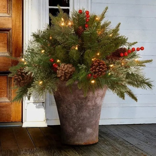 Lifelike pre-lit Christmas urn filler with LED lights, pine cones, and red berries, perfect holiday decor.
