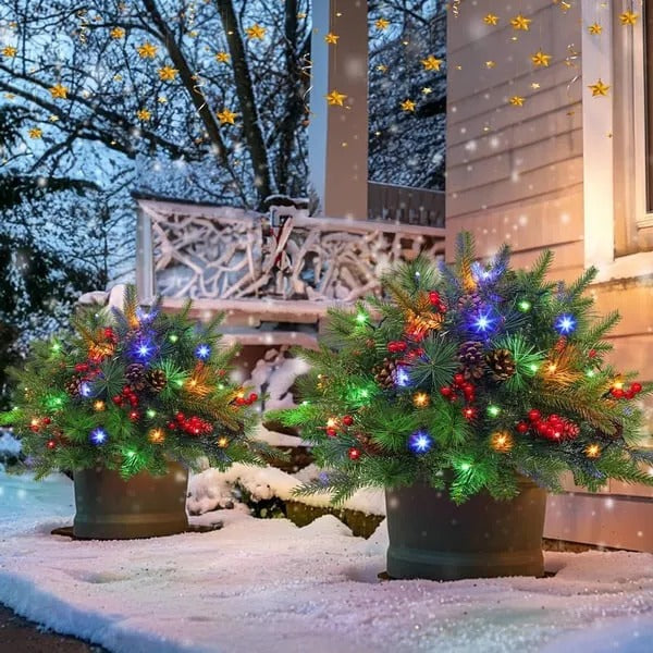 Convenient pre-lit artificial Christmas urn filler with warm LED lights and timer, ideal for festive display.