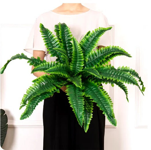Durable, waterproof artificial Boston fern. A no-maintenance fake plant for outdoor & indoor home decor.