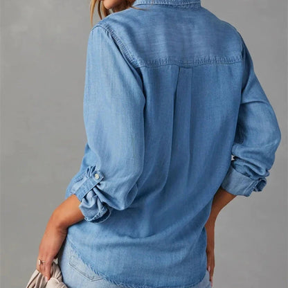 Effortless style faded light blue button-up shirt for women, a versatile long-sleeve casual top.