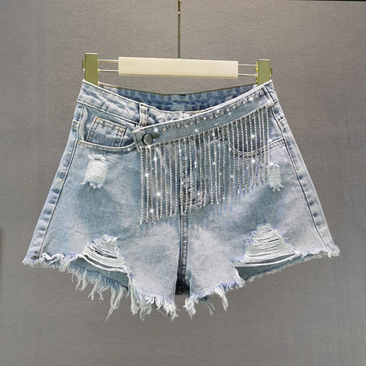 Light blue women's sparkly diamond detail shorts, perfect for chic summer fashion & versatile styling.