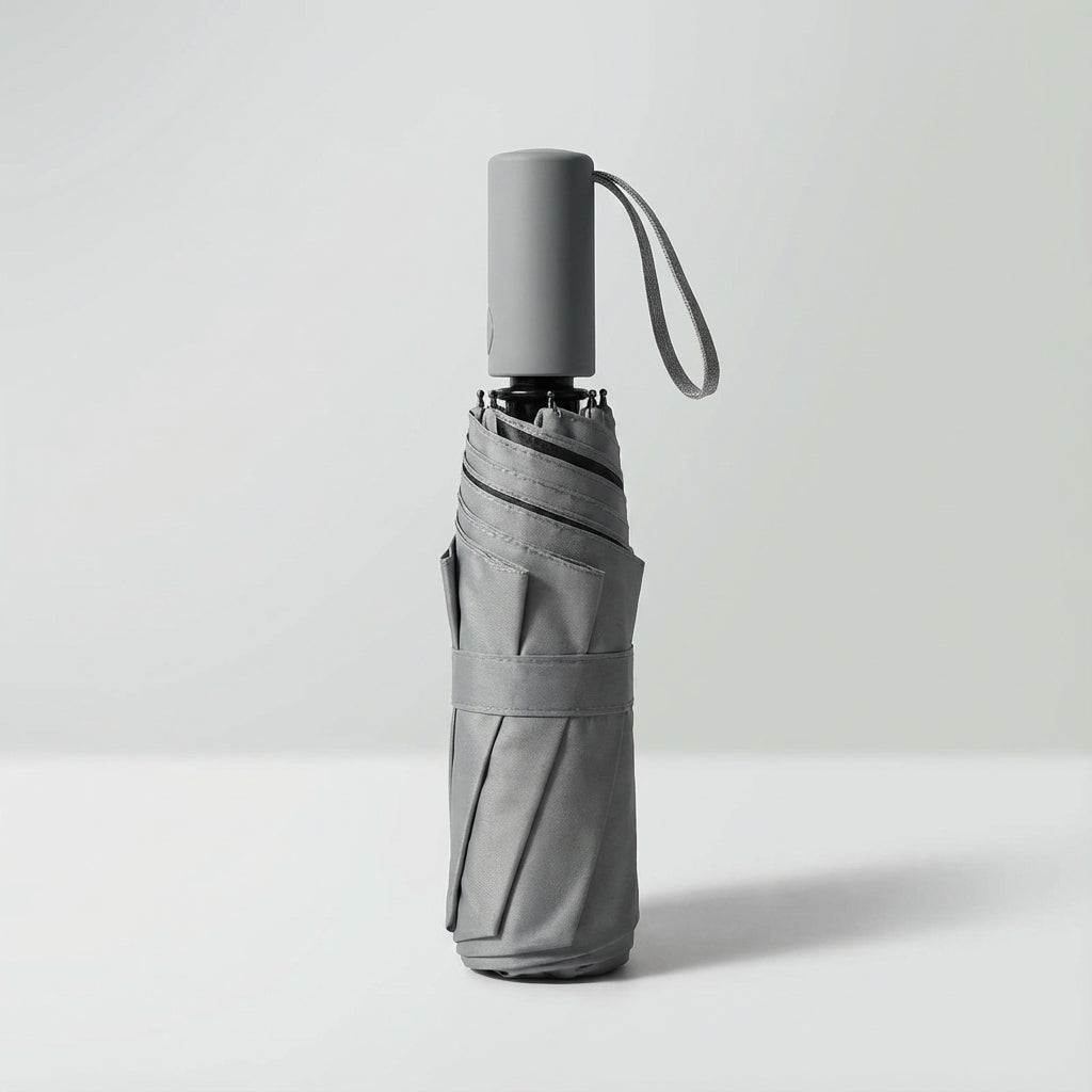 Light green windproof mini travel umbrella, shown folded for compact storage.