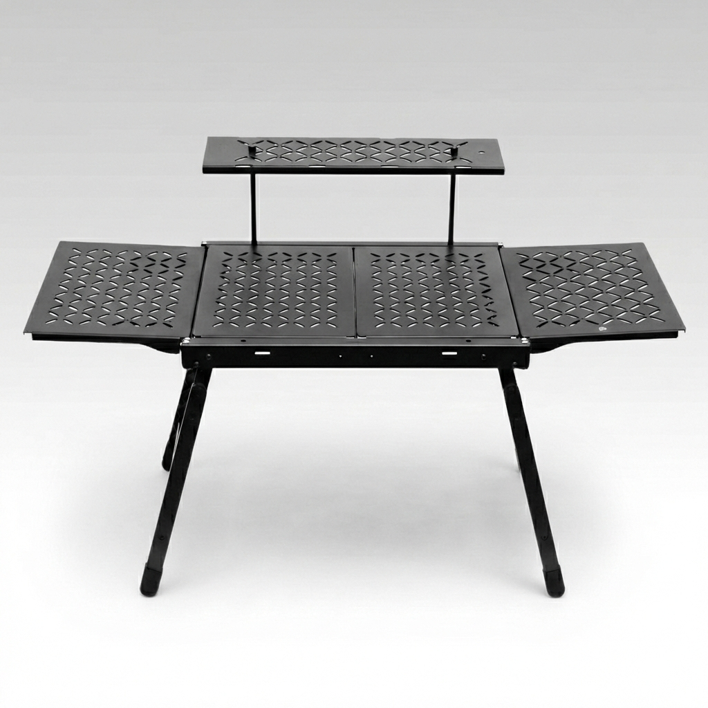 Lightweight aluminum foldable camping table with two integrated mesh storage bags for outdoor gear and camp kitchen use.