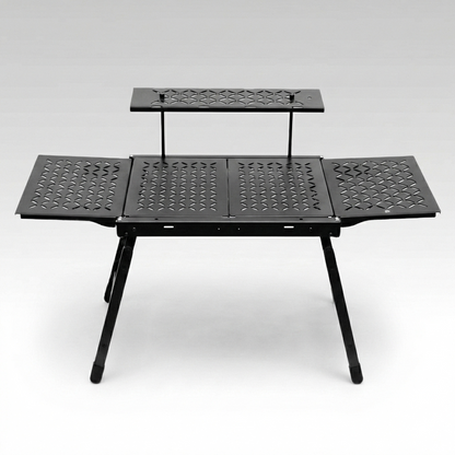 Lightweight aluminum foldable camping table with two integrated mesh storage bags for outdoor gear and camp kitchen use.