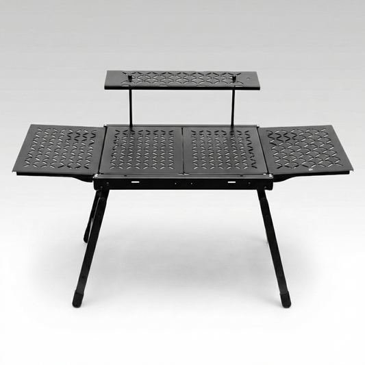 Lightweight aluminum foldable camping table with two integrated mesh storage bags for outdoor gear and camp kitchen use.