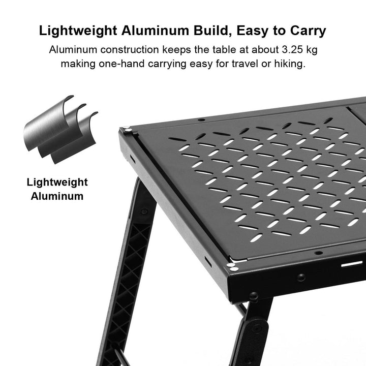 Folded lightweight aluminum camping table for easy transport, showing its compact design and durable construction as outdoor gear.