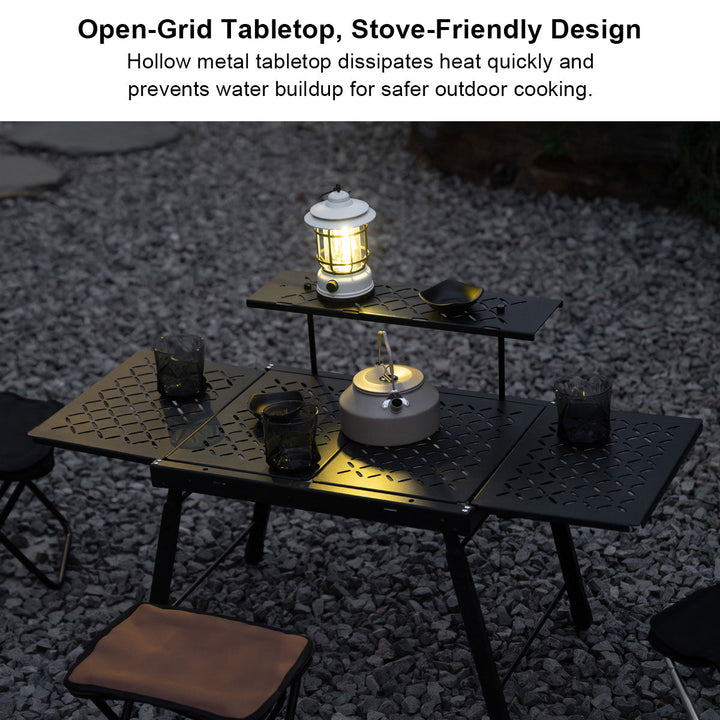 Top-down view of an IGT compatible lightweight aluminum camping table, highlighting its modular design for camp kitchen setups.