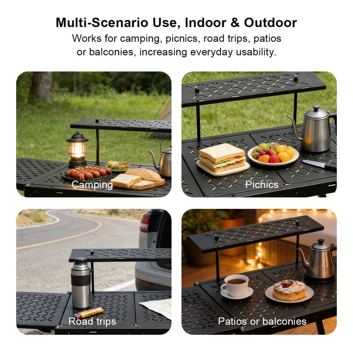 Detail shot of the sturdy aluminum frame and tabletop of the foldable camping table, designed for camp kitchen and outdoor use.