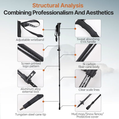 Adjustable carbon fiber trekking pole for comfortable & stable hiking support.