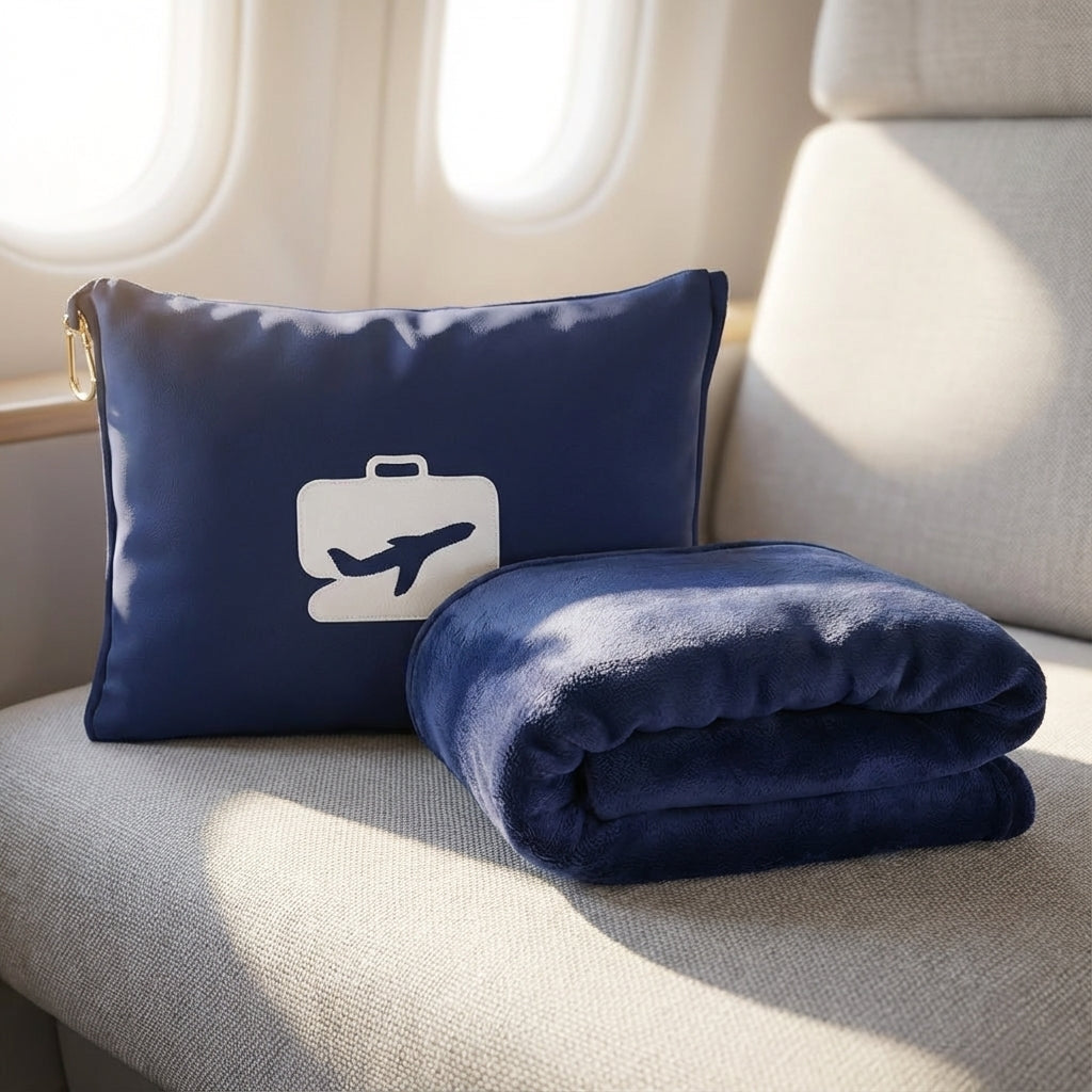 Lightweight ComfiTrip travel set: warm blanket & inflatable pillow for airplane & car comfort.