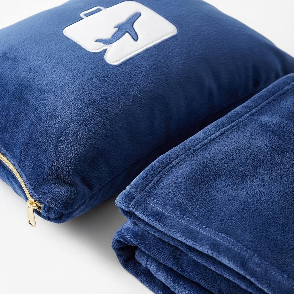 Soft, warm, & compact ComfiTrip travel blanket, ideal for airplane, car, or outdoor relaxation.