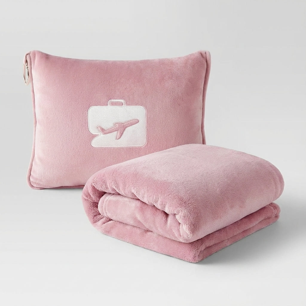 Adult relaxing on a plane with a ComfiTrip lightweight warm travel blanket & neck support pillow.