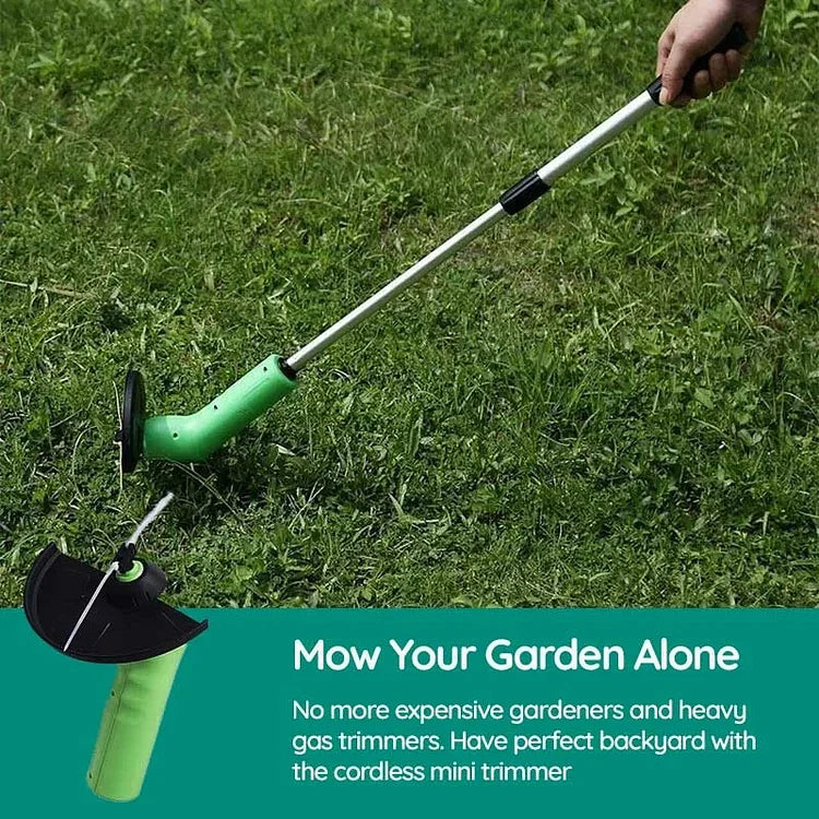 Handheld portable cordless weed trimmer, lightweight electric grass cutter for quick yard care & home gardening tasks.