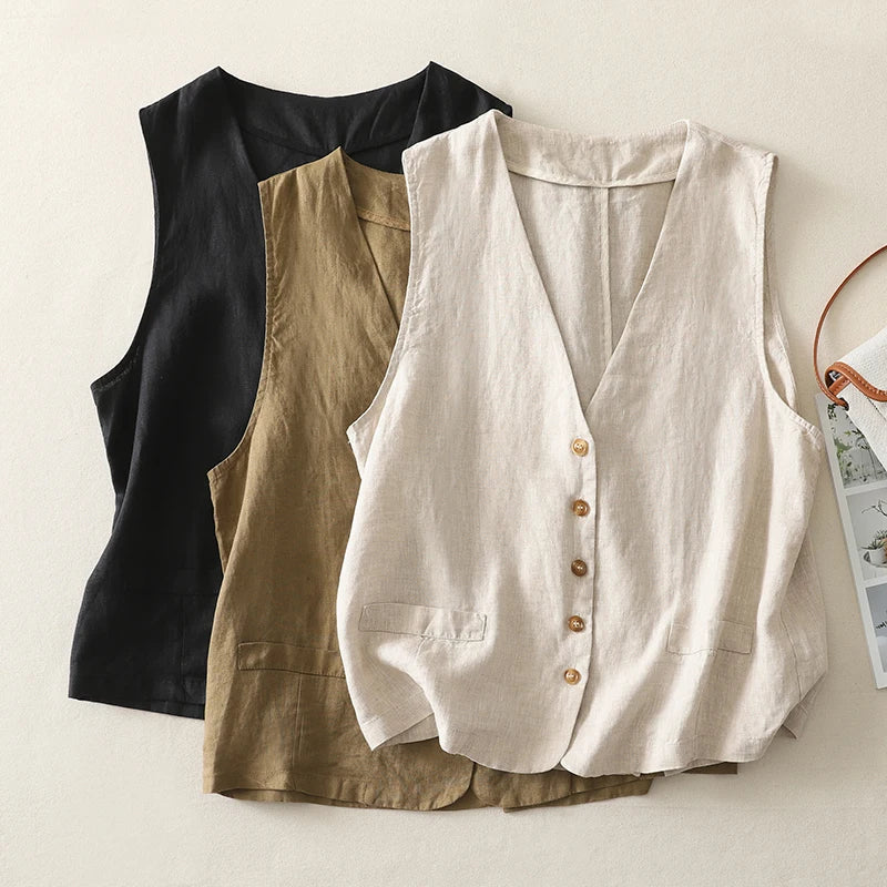 Lightweight cotton-linen blend button-front vest for women. Perfect stylish summer sleeveless top.