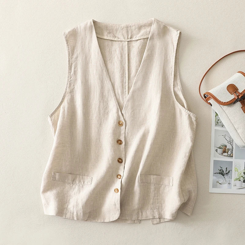 Women's lightweight cotton-linen summer vest with front buttons. A stylish and breathable sleeveless top.