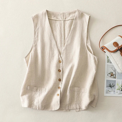 Women's lightweight cotton-linen summer vest with front buttons. A stylish and breathable sleeveless top.
