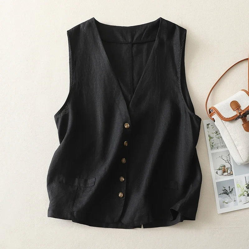 Versatile women's button-front vest. Breathable cotton-linen blend for a casual, stylish summer sleeveless top.