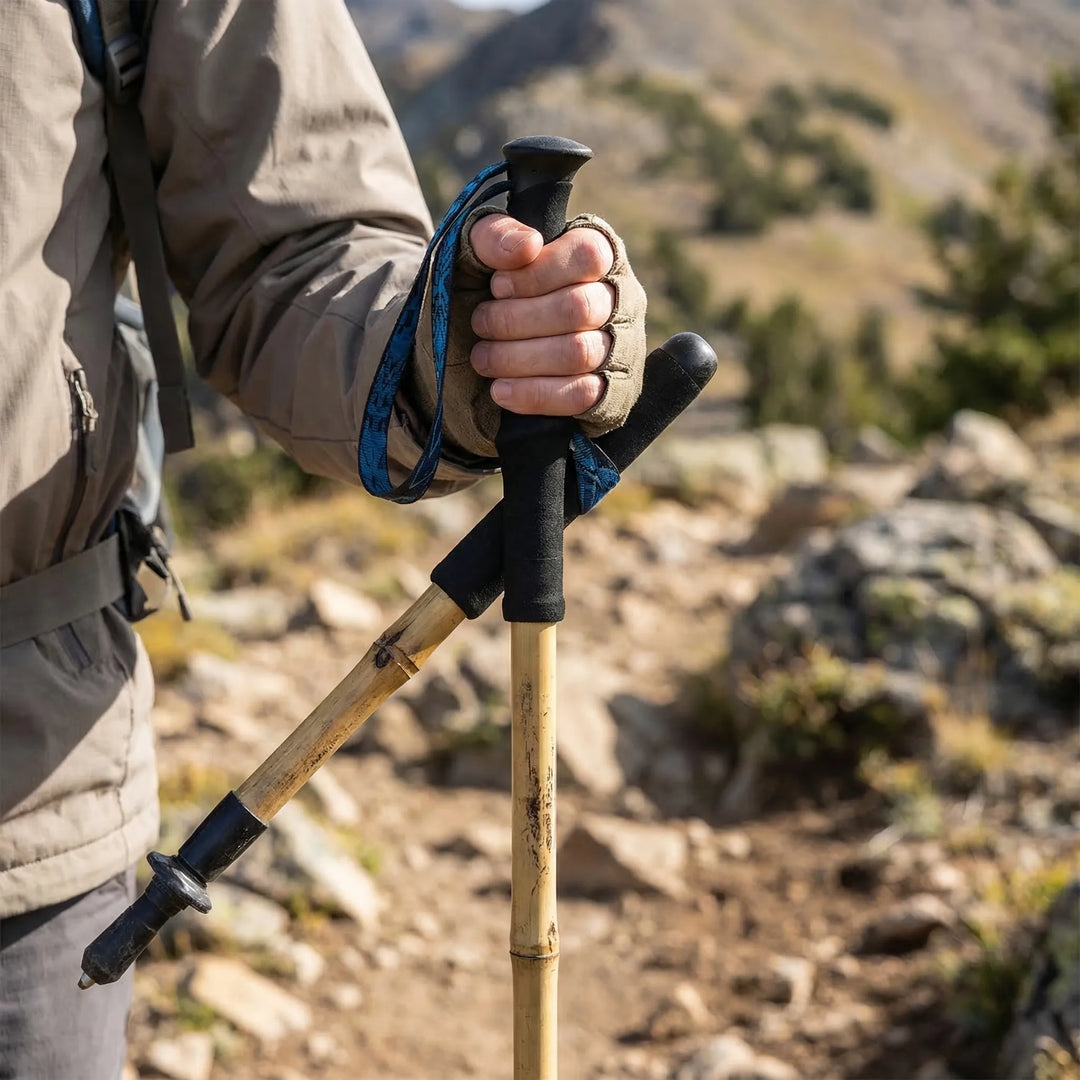 Lightweight foldable trekking pole, perfect for compact storage & easy transport on hiking trails & adventures.