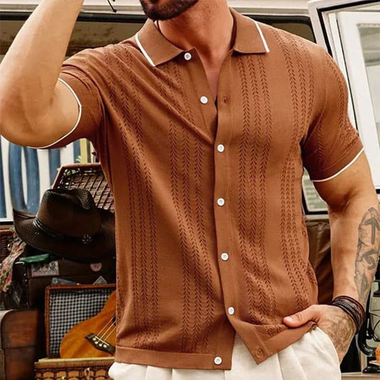 Lightweight men's jacquard knit button-up shirt. Breathable & short sleeve, perfect for casual summer style.