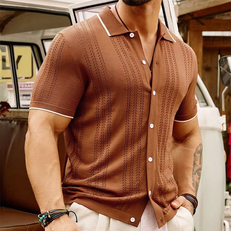 Men's casual jacquard knit button-up shirt, short sleeve, ideal for warm weather & versatile summer fashion.