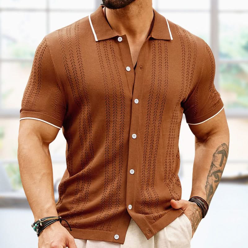 Breathable jacquard knit men's shirt, lightweight button-up design, short sleeve for ultimate summer comfort.