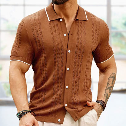 Breathable jacquard knit men's shirt, lightweight button-up design, short sleeve for ultimate summer comfort.