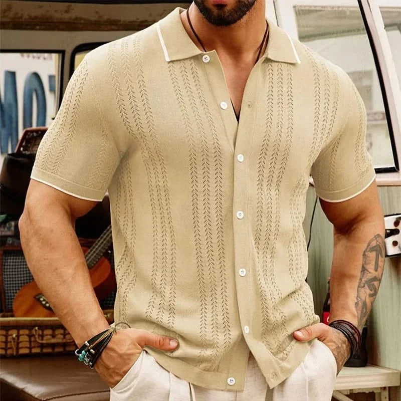 Men's lightweight & breathable jacquard knit shirt, short sleeve button-up for comfortable warm weather wear.