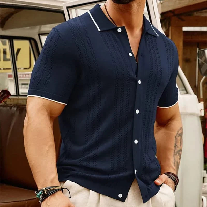 Versatile men's short sleeve jacquard knit button-up shirt, lightweight & breathable for summer fashion.