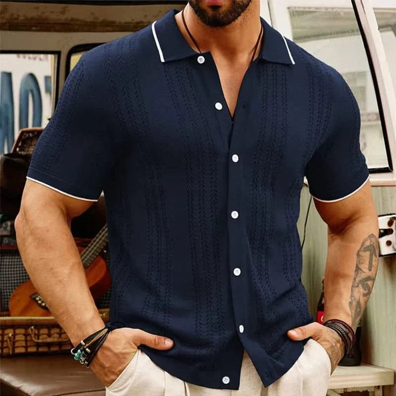 Modern men's jacquard knit button-up shirt. Lightweight, breathable, short sleeve for casual summer outfits.