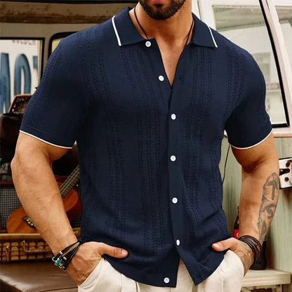 Modern men's jacquard knit button-up shirt. Lightweight, breathable, short sleeve for casual summer outfits.