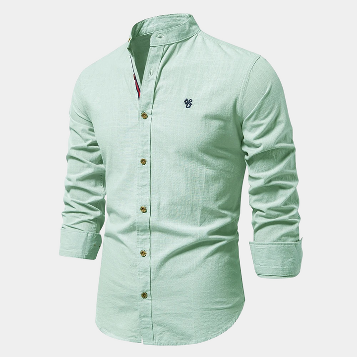 Stylish men's long-sleeve button-down shirt, a smart casual essential for summer fashion.