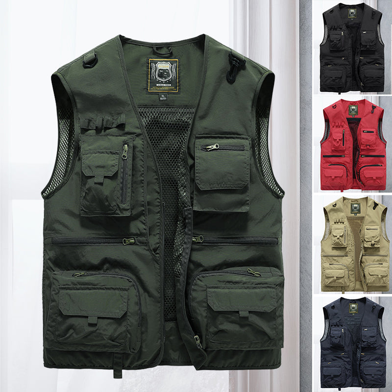 Lightweight men's multi-pocket outdoor vest for fishing, hiking, camping & travel.