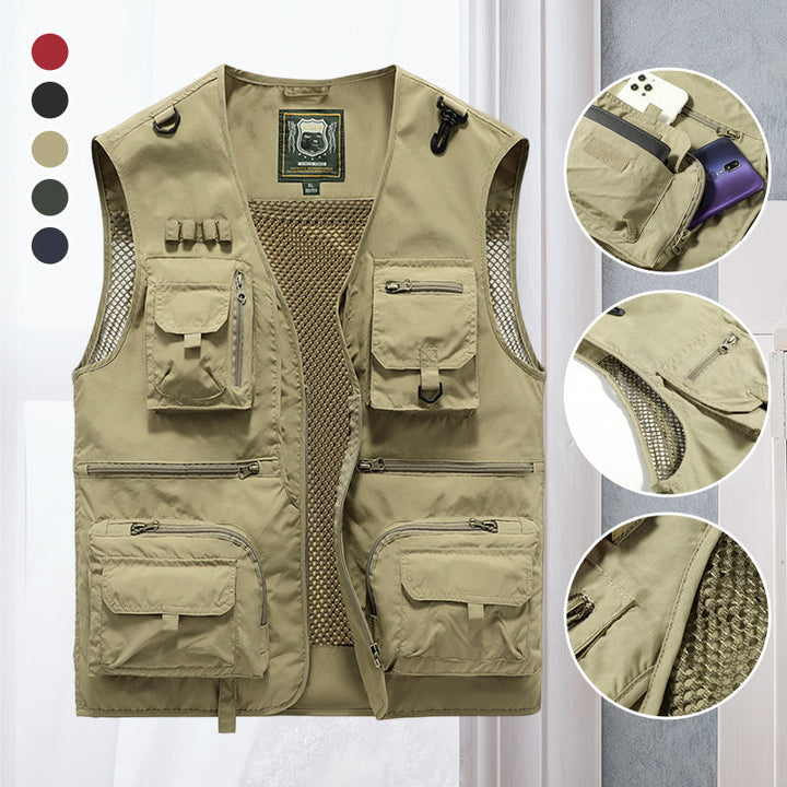 Men's utility vest with multi-pocket design, ideal for outdoor adventures, fishing & travel gear.