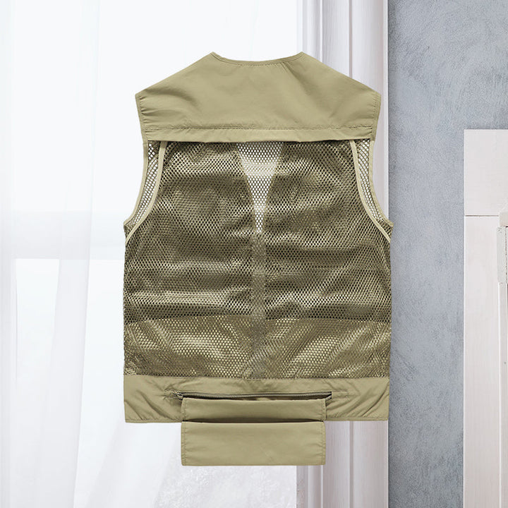 Breathable men's fishing vest, lightweight with many pockets for tackle, bait & outdoor essentials.