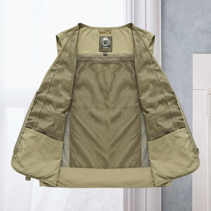 Summer men's outdoor vest, lightweight & tactical, ideal for layering during adventures and utility.