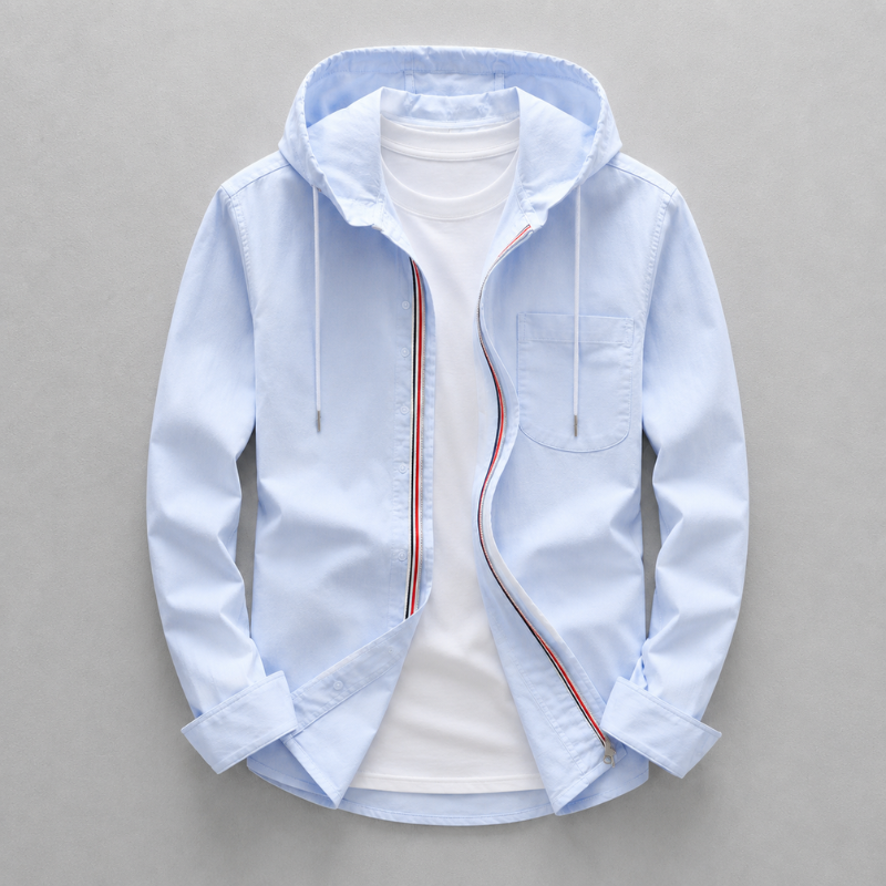 Lightweight men's oxford hooded shirt, perfect for casual summer wear & versatile layering. Tailored fit.