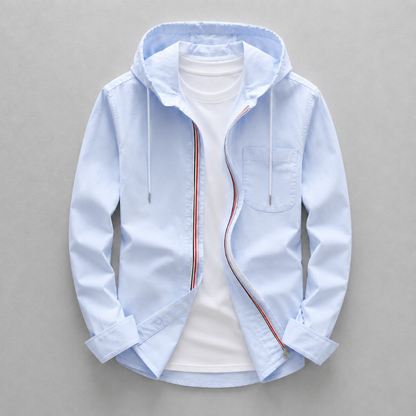 Lightweight men's oxford hooded shirt, perfect for casual summer wear & versatile layering. Tailored fit.