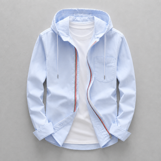 Lightweight men's oxford hooded shirt, perfect for casual summer wear & versatile layering. Tailored fit.