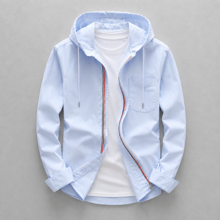 Lightweight men's oxford hooded shirt, perfect for casual summer wear & versatile layering. Tailored fit.