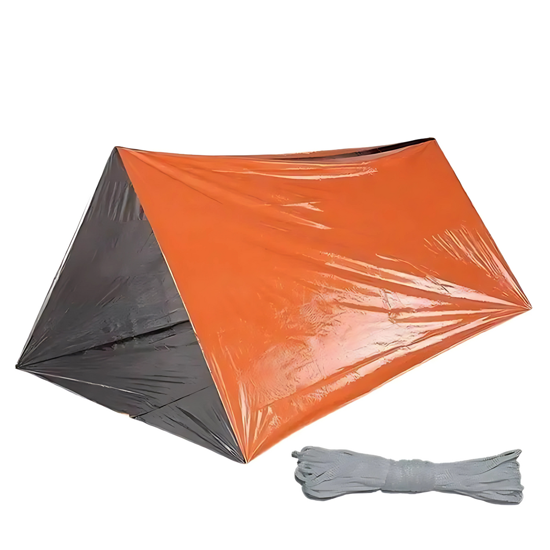 Lightweight orange emergency survival tent for 2 people, compact for camping and hiking preparedness.