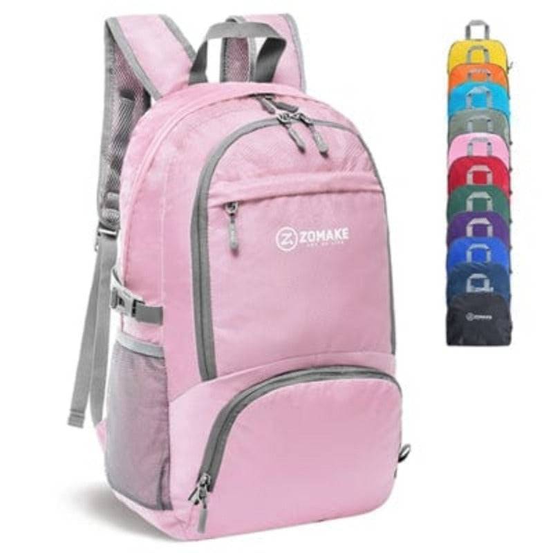 Packable backpack folded into its compact pouch, demonstrating portability for travel.