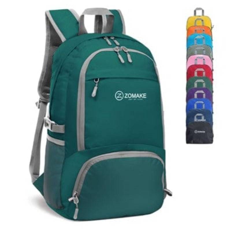 Adventure gear: packable daypack with front zip pocket & side mesh pockets for essentials.