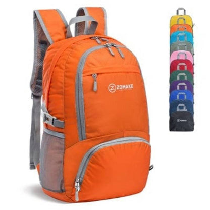 Lightweight packable backpack on a beach, ready for travel, outdoor adventure & exploration.