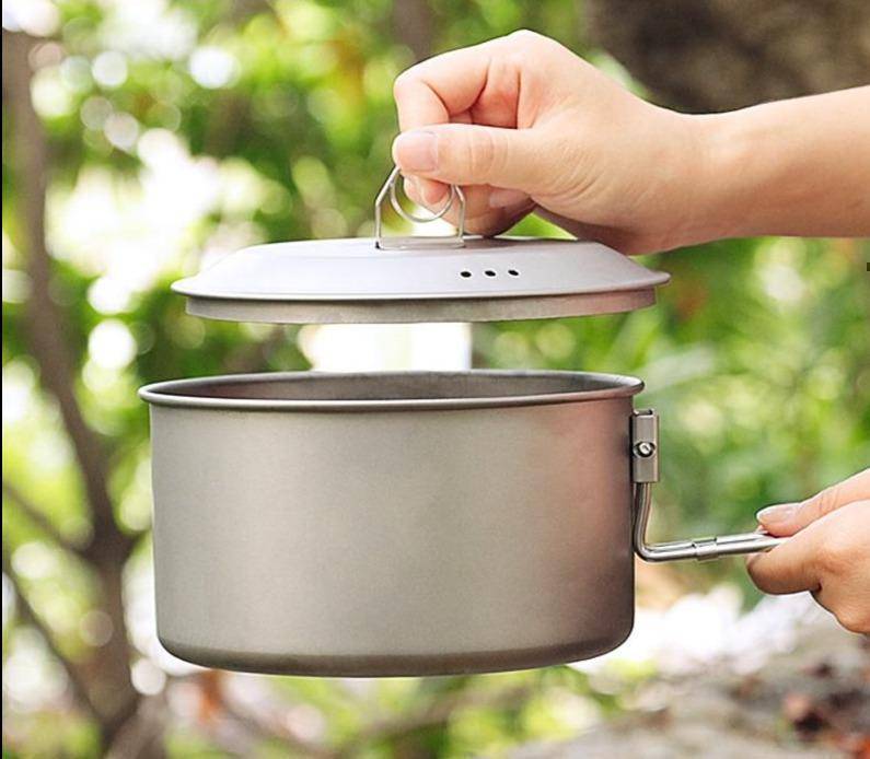 Durable camping cookware, titanium pot with lid, and pan for adventure kitchen