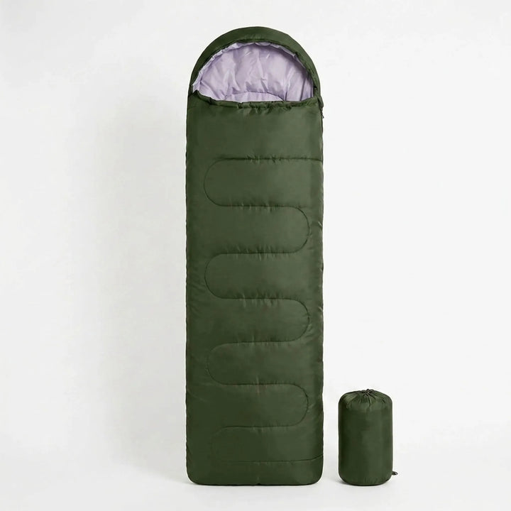 Comfortable envelope-style 3-season sleeping bag. Ideal lightweight gear for camping & travel.