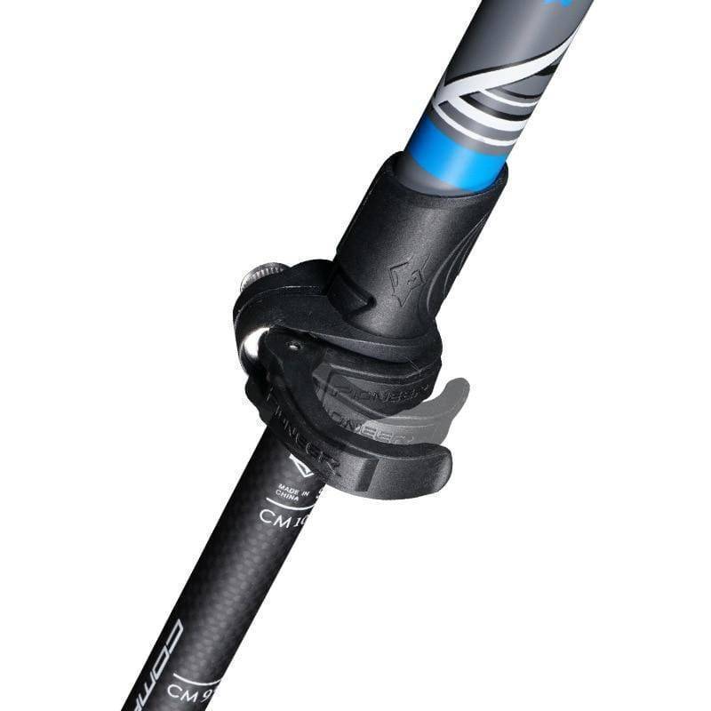 Close-up of carbon fiber trekking pole handle, highlighting the comfortable grip and strap