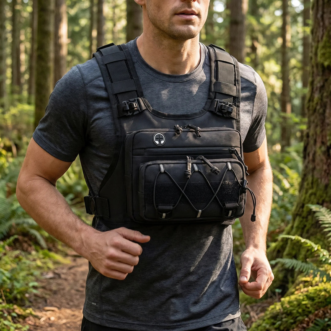 Lightweight unisex running hydration chest vest with multiple pockets for trail running & hiking. Stay hydrated.