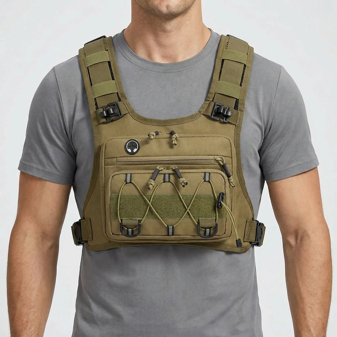 Front view of lightweight unisex running hydration vest showing secure phone pocket & reflective elements for safety.
